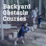 3 boys racing thru a backyard Obstacle course