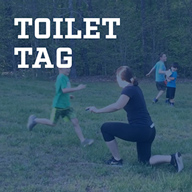 A mom kneels frozen during game of freeze tag varient - toilet tag