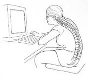 sketch of woman slumping at computer with xray style image of spine curving in an unhealthy way